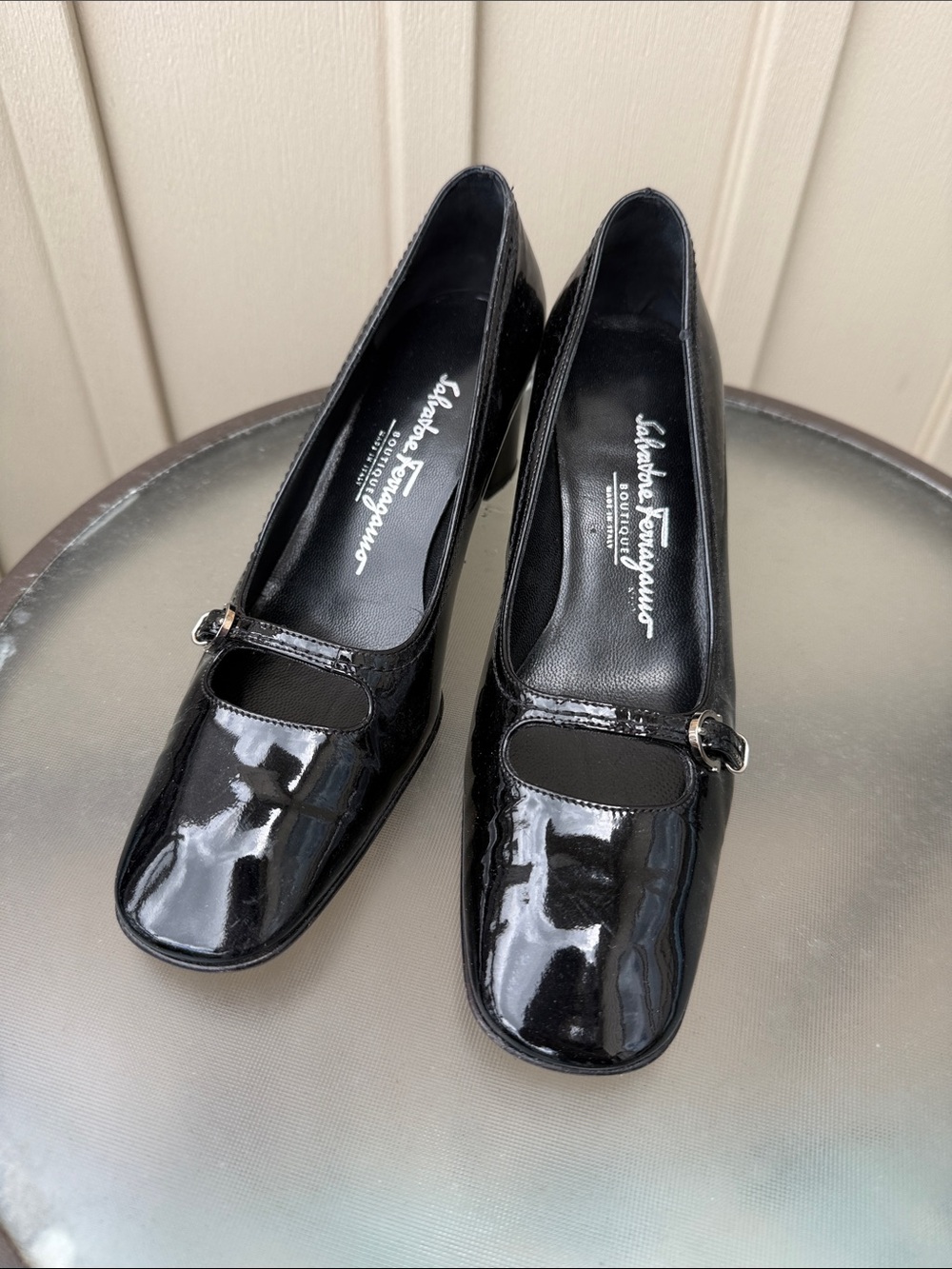 Salvatore Ferragamo Vtg Black Patent Leather Mary-Jane Pumps with Buckle
